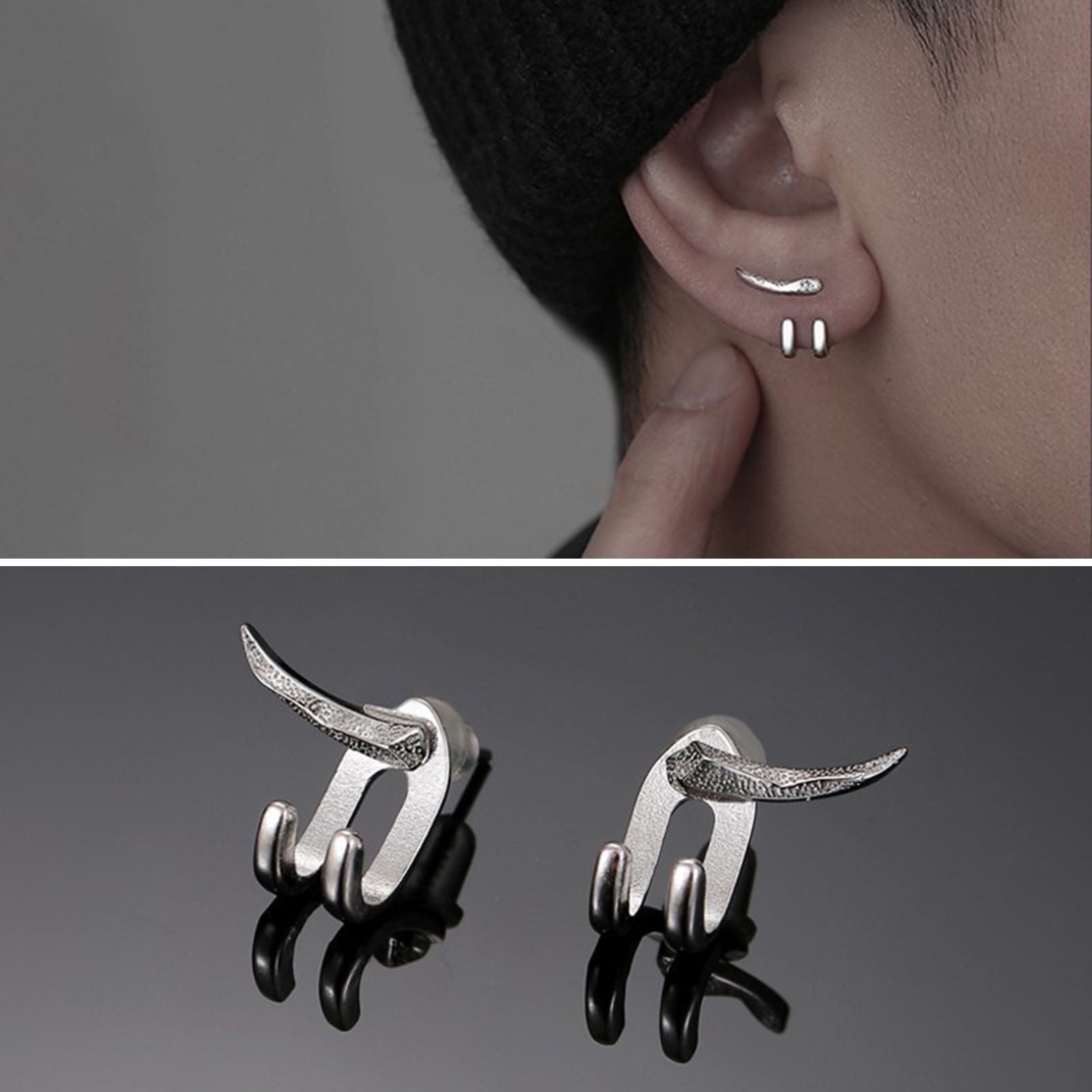 Hesroicy Ear Studs Punk Hip Hop Detachable 2-Claw Hook Personality
