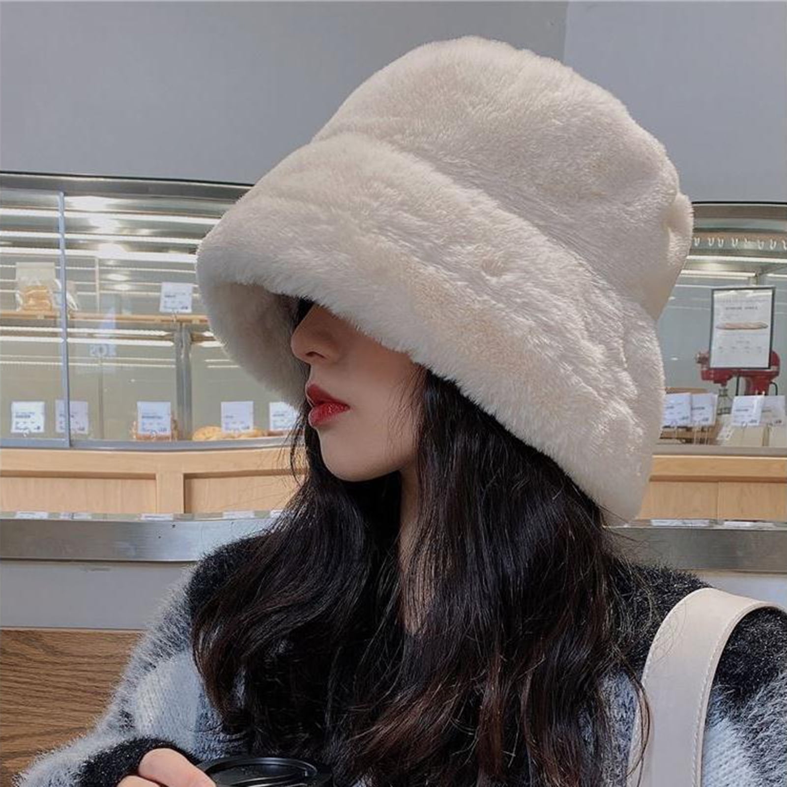 Hesroicy Flat Top Short Brim Warm Foldable Fisherman Cap Women Winter  Thickened Plush Bucket Hat
