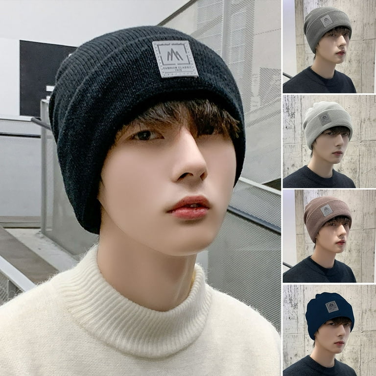 Hesroicy Men Hat Solid Color Labeling Brimless Stretch Coldproof Beanie Hat  Autumn Winter Plush Lining Ear Protection Hat Streetwear