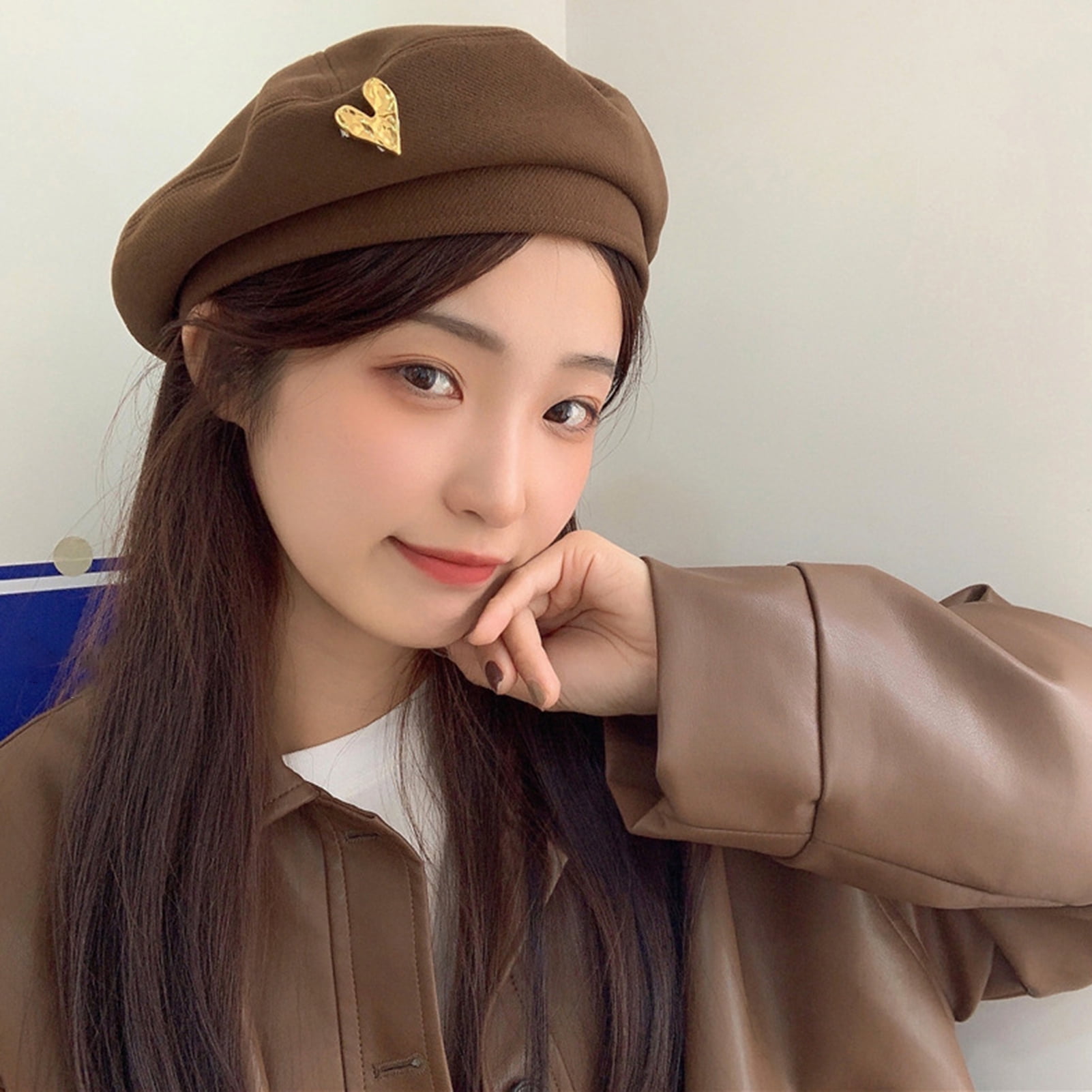 Korean Beige Beret Hat Hesroicy Metal Heart Decor Flat Dome