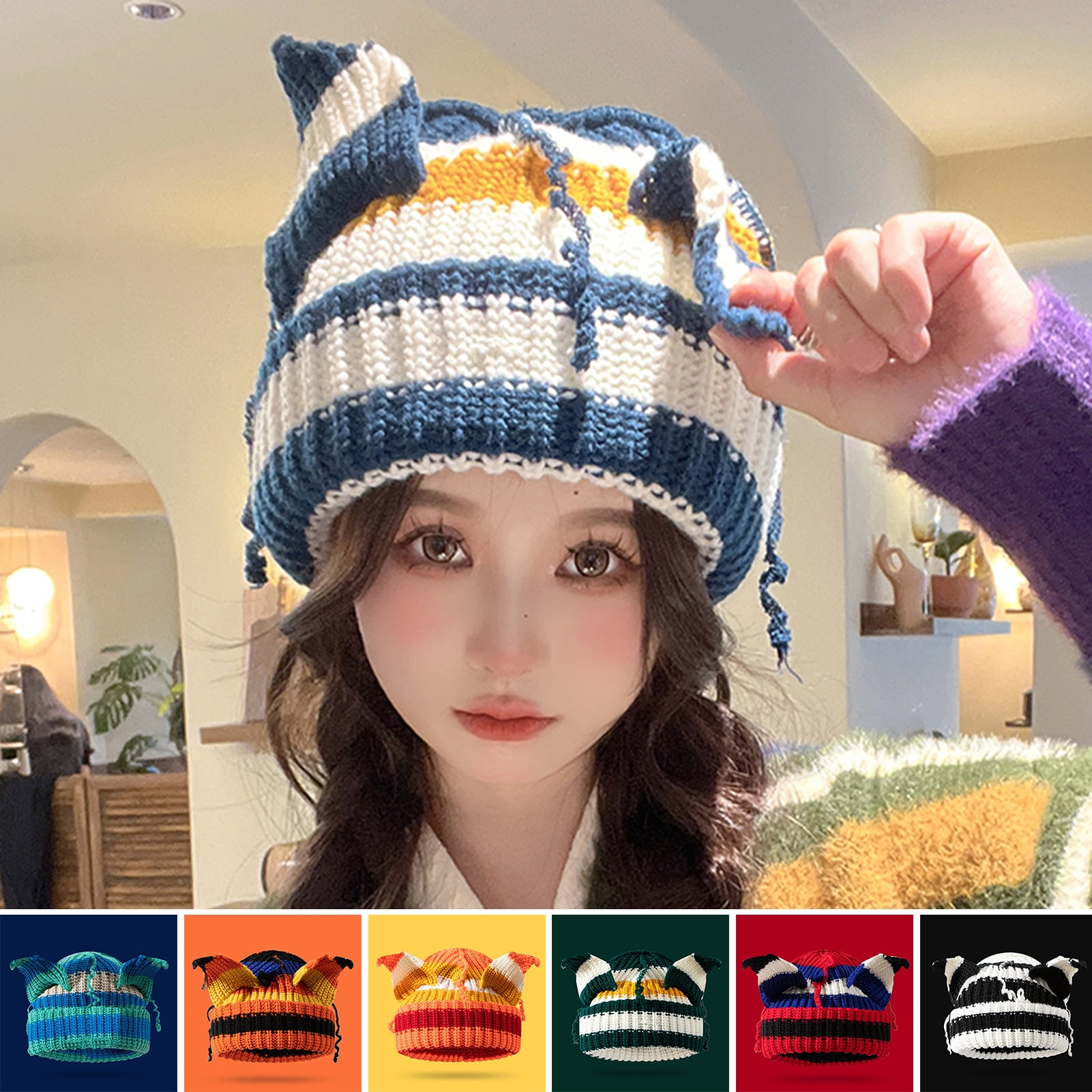 Hesroicy Pig Ear Decor Round Dome Elastic Knitting Hat Women Winter