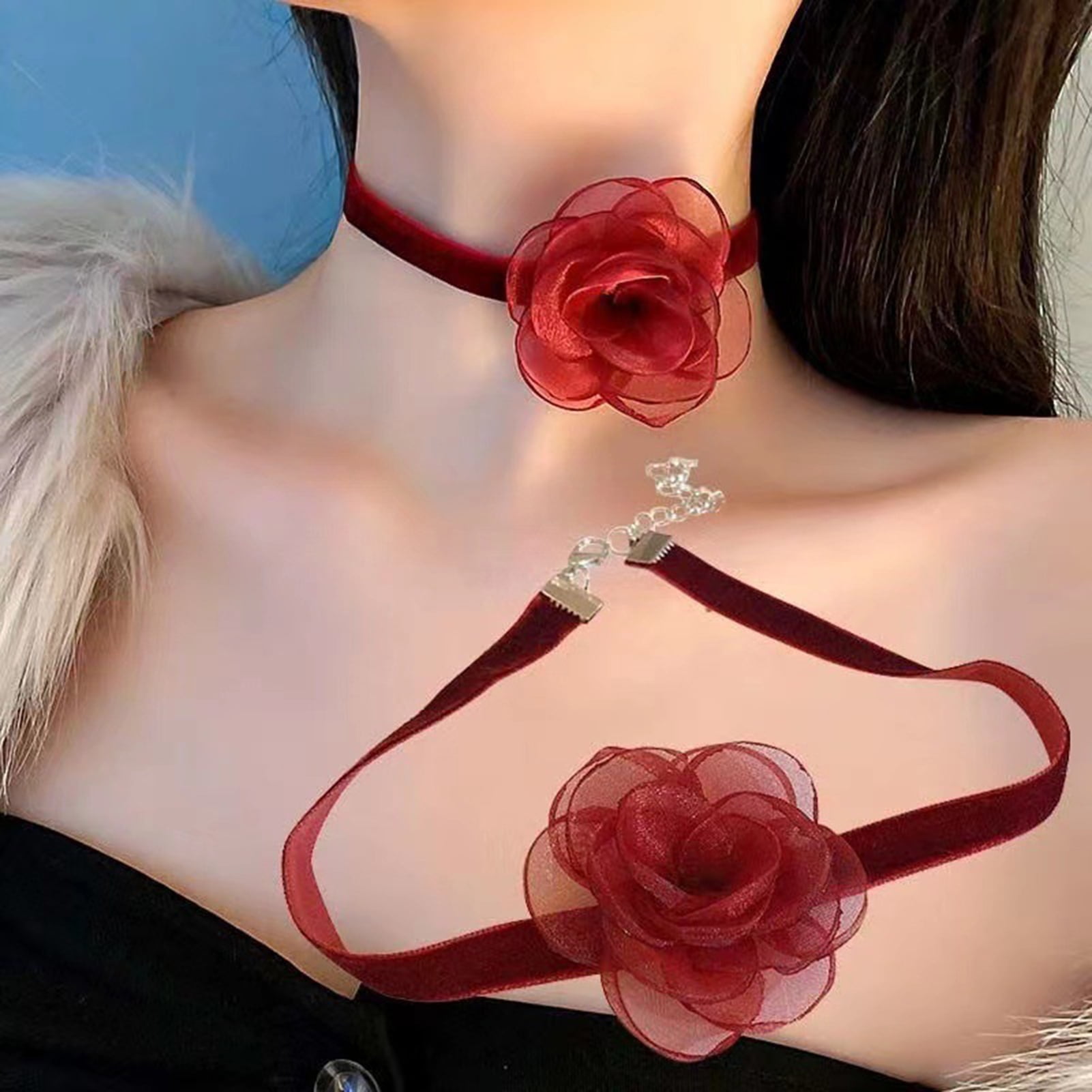 Hesroicy Ribbon Choker Adjustable Lobster Clasp Design with Extension Chain  Solid Color Easy-wearing Women Elegant Ultra Long Ribbon Choker Necklace