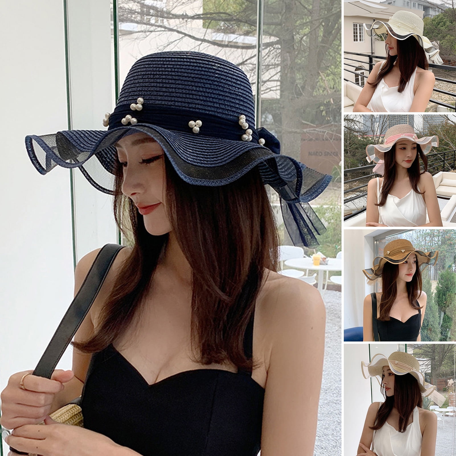 Hesroicy Sun Hat Large Brim Breathable Folding Comfortable Packable Sun  Protection Ruffle Edge Bow Ribbon Faux Pearl Decor Summer Beach Straw Hat  for