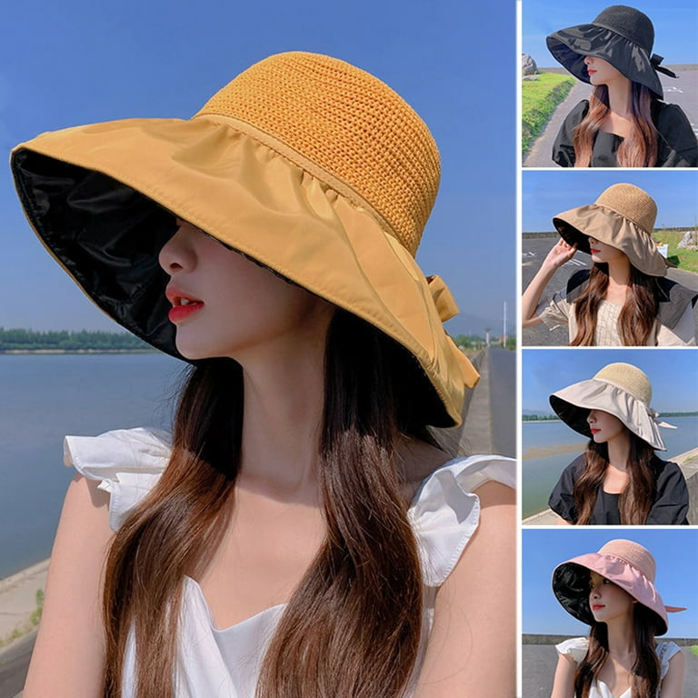 Hesroicy Sun Hat Large Brim Foldable Hollow Breathable Floppy UV Protection  Bow Tie Decor Women Sunscreen Summer Hat Beach Cap for Outdoor