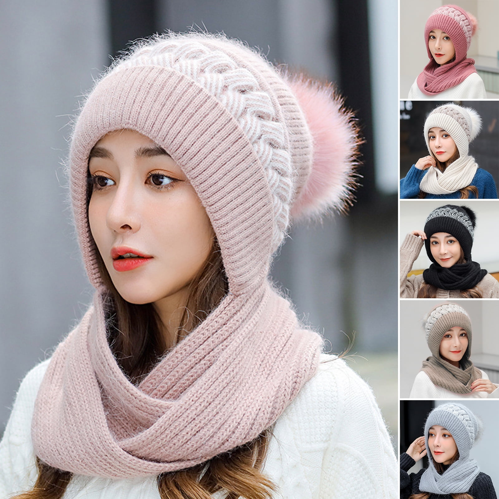 Hesroicy Women Beanies Hat Twist Pattern Contrast Color Cap Scarf Autumn Winter Fleece Lining