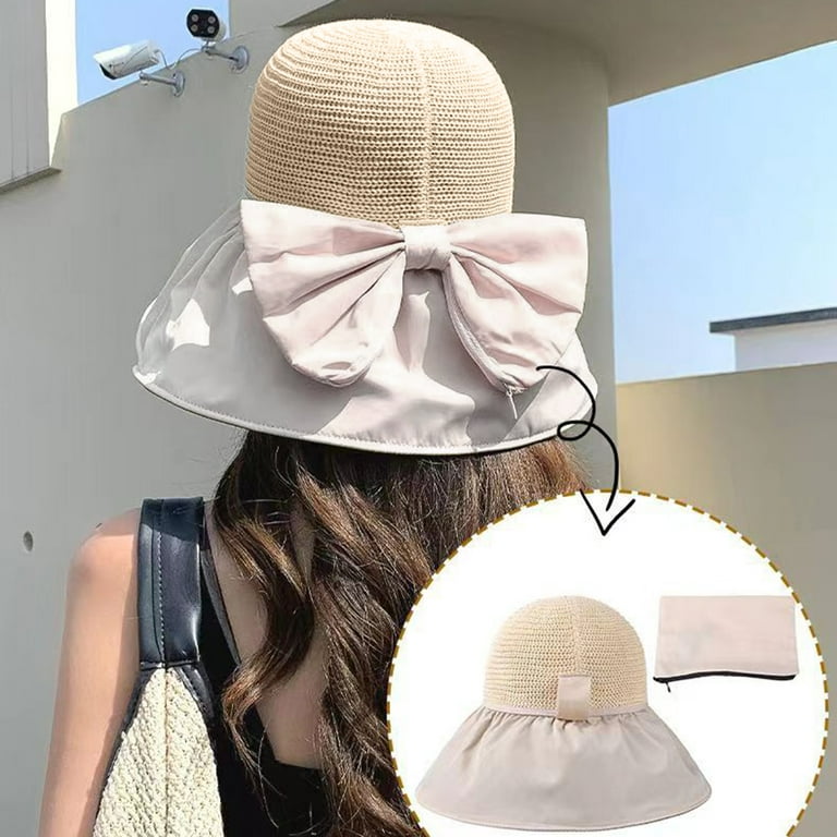 Hesroicy Women's Ruffled Wide Brim Knitted Bucket Hat with Vinyl Lining,  Bowknot Decoration, and Solid Color Design