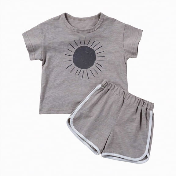 Hessimy 2PCS Summer Outfit Toddler Boy Cartoon Print Short Sleeve T-Shirt Shorts Set Infant Clothes(Grey,12-18 Months)