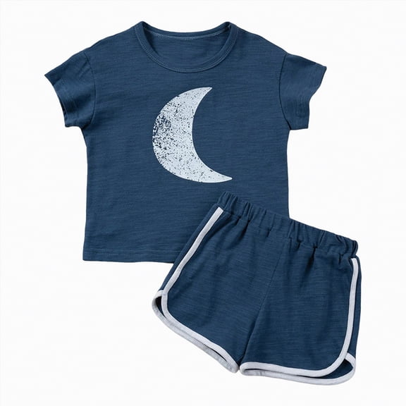 Hessimy 2PCS Summer Outfit Toddler Boy Cartoon Print Short Sleeve T-Shirt Shorts Set Infant Clothes（Navy,6-12 Months)