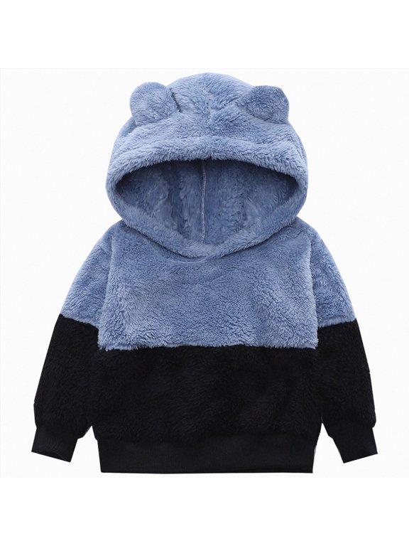 4-5 Years Toddler Boys Fuzzy Fleece Colorblock Hoodie,Warm Fluffy Pullover Sweatshirt with Cute Animal Ear Design