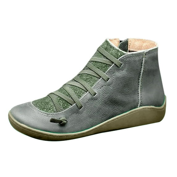 Hessimy Ankle Boots for Women- Casual Flat Leather Retro Lace-Up Boots Side Zipper Plus Shoe Boots(Z05-Green,5.5)
