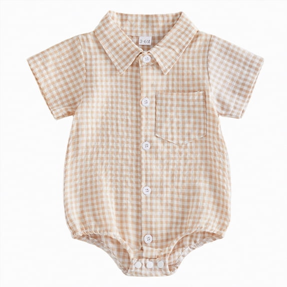 Hessimy Baby Boy Summer Clothes Romper Dress Plaid Outfit Newborn 3 6 12 18 Months Onesie Smocked Bodysuit Infant Outfit,Cute(Beige,0-3 Months)