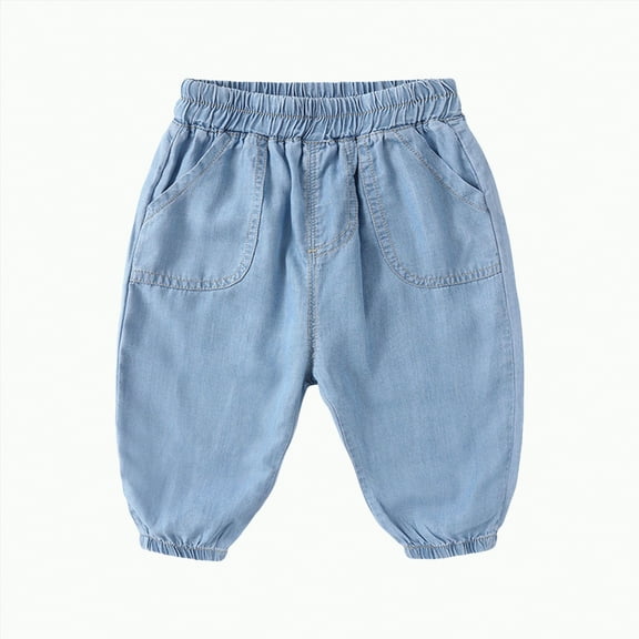 Hessimy Baby Boys Toddler Jeans Tapered Hop Loose Autumn Leisure Bloomers Solid Color Patch Daily Wear Embroidered Trendy Slim Drawstring Knitted Dancing Wear (Light Blue,3-6 Months)