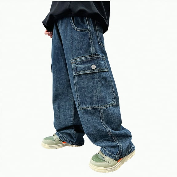 Hessimy Baby Boys Unisex Cargo Pants Wide Leg Drawstring Autumn Outdoor Fashion Embroidered Patch Hop Strip Fashion Lightweight Lounge Loose Cute (Blue,12-14 Years)