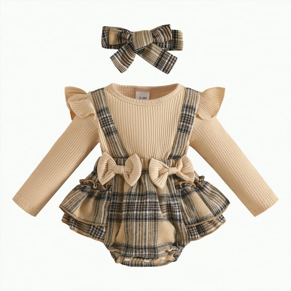Hessimy Baby Girl Fall Winter Clothes Cow Head Print Long Sleeve Romper Flared Pants Set Cute Toddler Girl Outfits Ribbed Knit Jumpsuit (Khaki,6-9 Months)