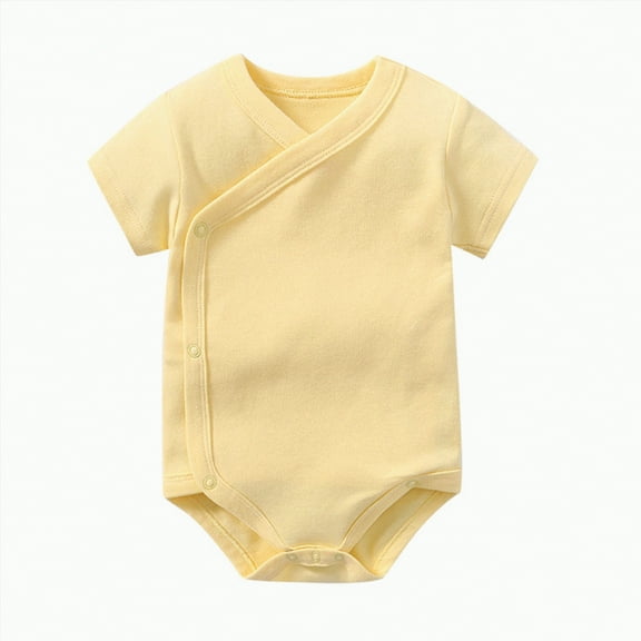 Hessimy Baby Girls Boys Rompers Short Sleeve Ribbed Button Crewneck Summer Short Jumpsuits Overalls unisex solid colour (Yellow,0-3 Months)