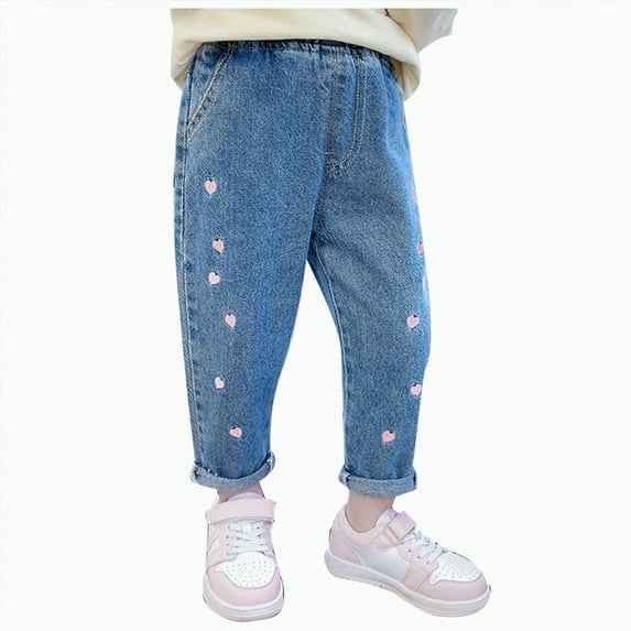 Hessimy Baby Girls Heart Printed Stretch Pants Casual Pants Little Kids Cute Denim Jeans Versatile With Pocket Summer Fall Winter Long Pants (Blue,7-8 Years)