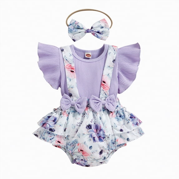 Hessimy Baby Girls Playsuits Ruffled Bodysuit Fly Sleeve Romper Newborn Cotton Linen Jumpsuit Infant Summer Clothes(Purple