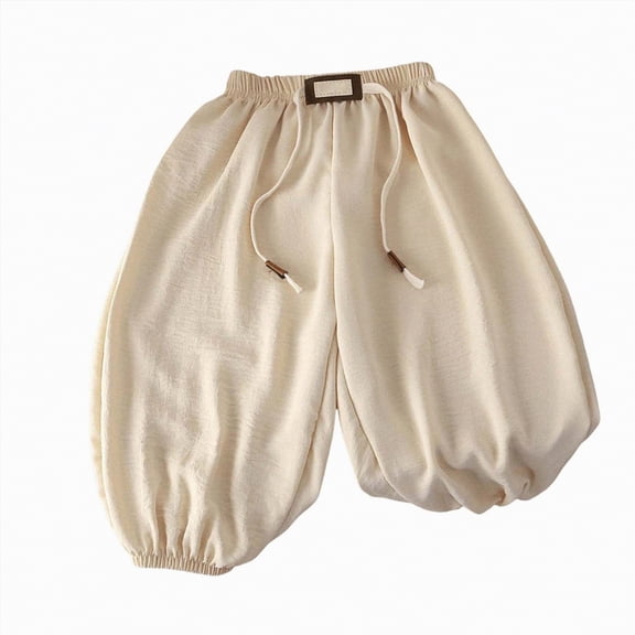 Hessimy Baggy Cropped Pants For Boys With Pockets Elastic Waist Trousers Teens Kids School Jogging Athletic Sports Sweatpants (Beige,7-8 Years)