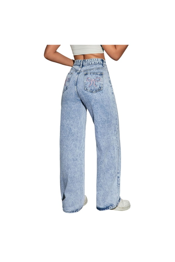 Baggy Jeans for Girls Wide Leg Ripped High Elastic Waisted Denim Pants Cute Summer Trousers Streetwear(Light Blue,13-14 Years)
