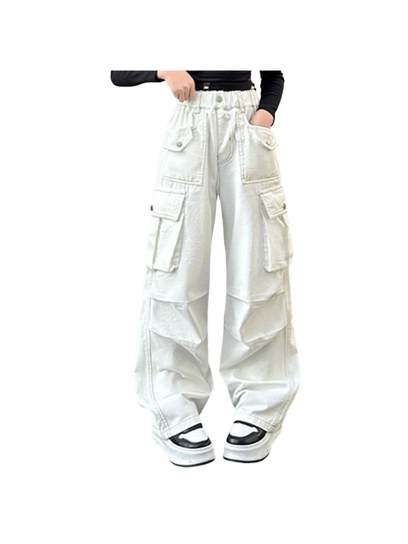 Baggy Parachute Pants for Women& Girls Drawstring Elastic Low Waist Ruched Cargo Pants Multiple Pockets Jogger(White,5-6 Years)