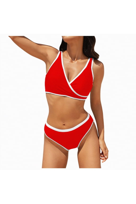 Bathing Suit for Women Halter Ring Linked Tie Side Bikini Sets Two Piece Swimsuit(Red,M)