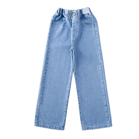 Hessimy Big Girls Jeans Pants Wide Leg Denim Pants Stright Type Elastic Band Casual with Pockets(Z5-Blue,8-9 Years)