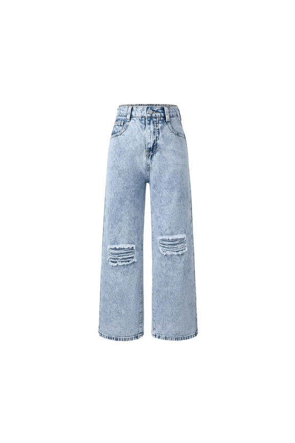 Big Girls Kids Distressed Ripped Hole Teens Jean Blue Cat Slim Denim Pants(Light Blue,11-12 Years)