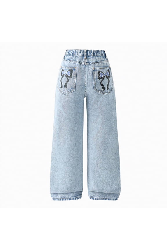 Big Girls Kids Distressed Ripped Hole Teens Jean Blue Cat Slim Denim Pants(Light Blue,9-10 Years)