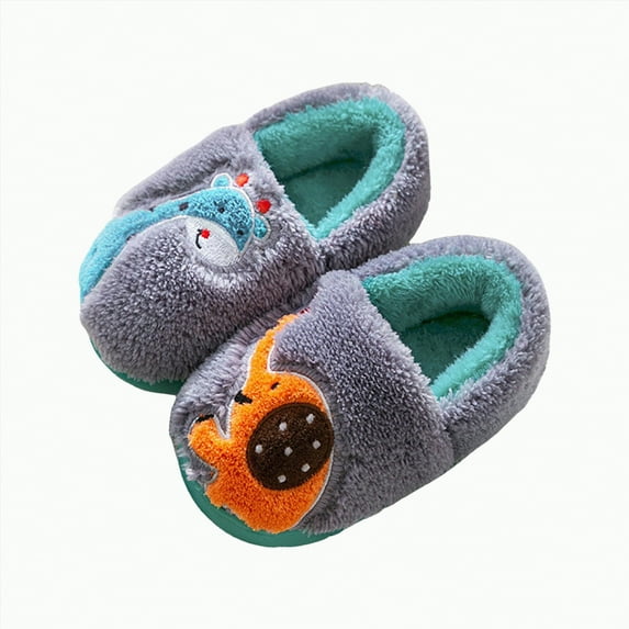 Hessimy Boys Girls Cozy House Slippers Warm Plush Winter Cotton Slipper Kids Cute Dinosaur Indoor Shoes Non-Slip Toddler Slippers Kids Slippers Cow Slippers House Slippers (Grey,11)