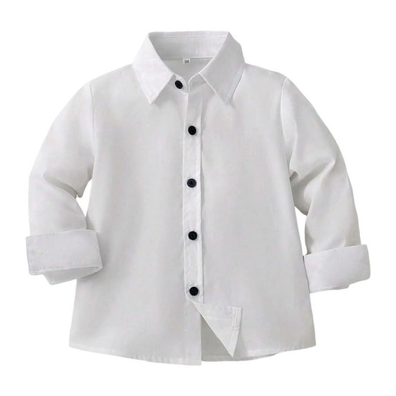 Hessimy Boys Long Sleeve Dress Shirt, Collared Button-Down with Chest Pocket, Regular Fit(White,3-4 Years)