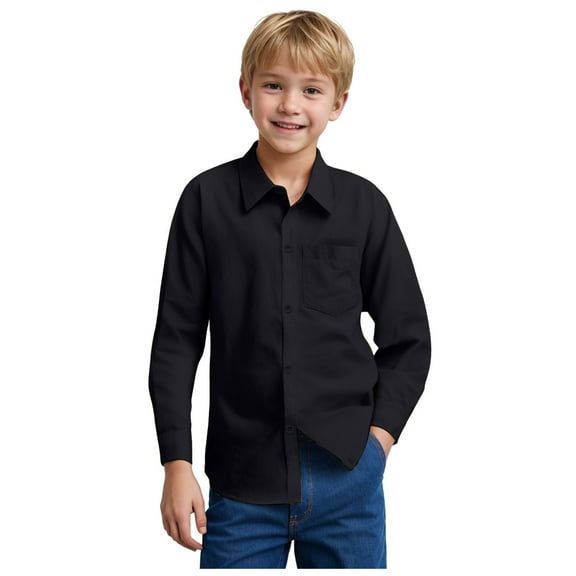 Hessimy Boys' Long Sleeve Dress Shirts Classic Collared Button-Down Tshirt Solid Cotton Top with Chest Pocket boyss long sleeve shirts casual(Black,13-14 Years)