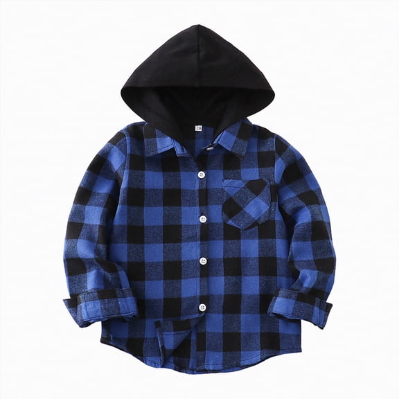 Hessimy Boys Long Sleeve Hooded Plaid Jacket Comfortable Soft Fashion Pocket Hooded Jacket (Blue,3-4 Years)