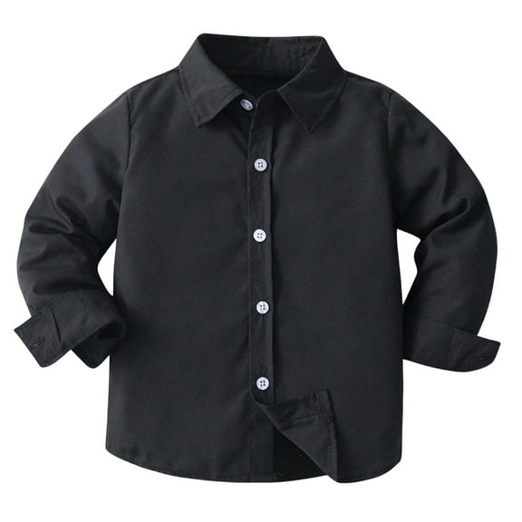 Hessimy Boys' Stretch Long Sleeve Button Down Toddler Dress Shirt Wrinkle Free Uniform Shirt with Chest Pocket(Black,18-24 Months)