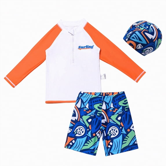 Hessimy Boys Swimsuit Set + Trunks Toddler Swimming Suit Kids Rash Guards Bathing Suits(Orange,140.00)