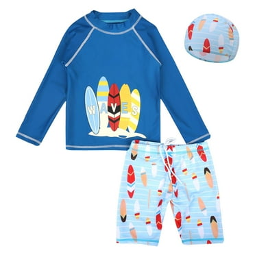Hessimy Boys Swimsuit Short Sleeve Rashguard and Swim Trunks 2 Piece Set(Blue,6)