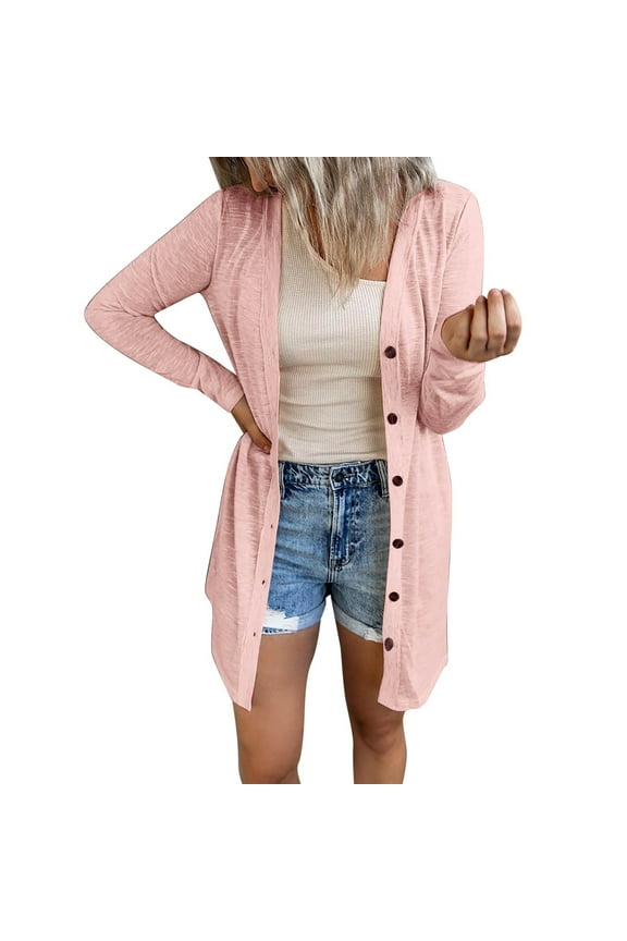 Cardigan For Women Button-Up Shirt Womens Open Front Lightweight Long Cardigan Button Down Loose Solid Outerwear With Pockets Outenwear Coats(Pink,XL)