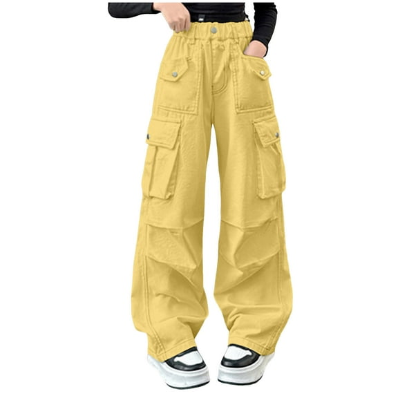 Hessimy Cargo Pants for Girls Cute Trendy Drawstring Baggy Joggers Pantalones Preppy School Outfits Little Girls Teen Clothes(Yellow,5-6 Years)
