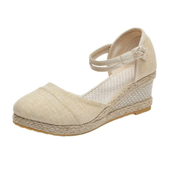 Hessimy Closed Toe Sandals Women Dressy Buckle Sandals Platform Wedge Versatile Braided Buckle Breathable Wedge Sandals Casual Shoes(Beige,7.5)