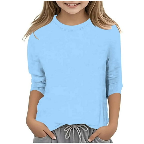 Hessimy Cotton Long Sleeve Tee Shirts Basic Crewneck T-Shirts for Boys/Girls/Toddlers Long-Sleeve T-Shirts(A142-Light Blue,6-7 Years)