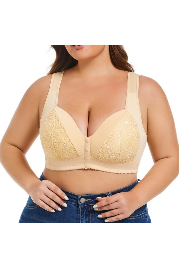 Daisy Bras for Older Women, Bras For Older Women New Front Close Button Cotton Bras, Full Support Wide Back No Underwire Bras(Light Yellow,42F)