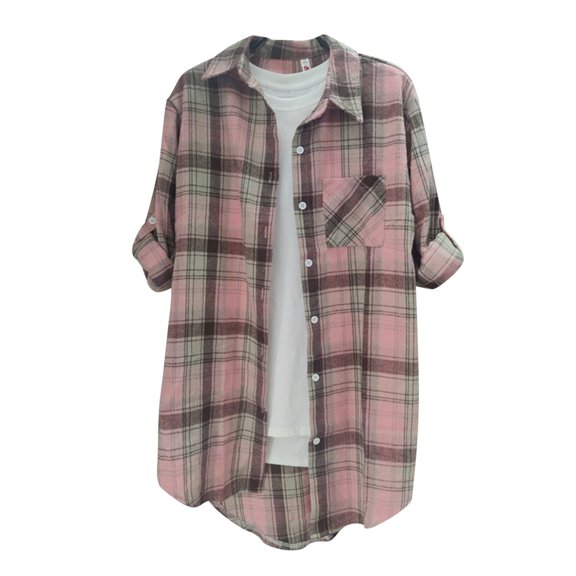 Hessimy Flannel Shirt Women Blouses Tops Buffalo Check Plaid Long Sleeve Casual Button Down Shirts(Z01-Pink,XL)