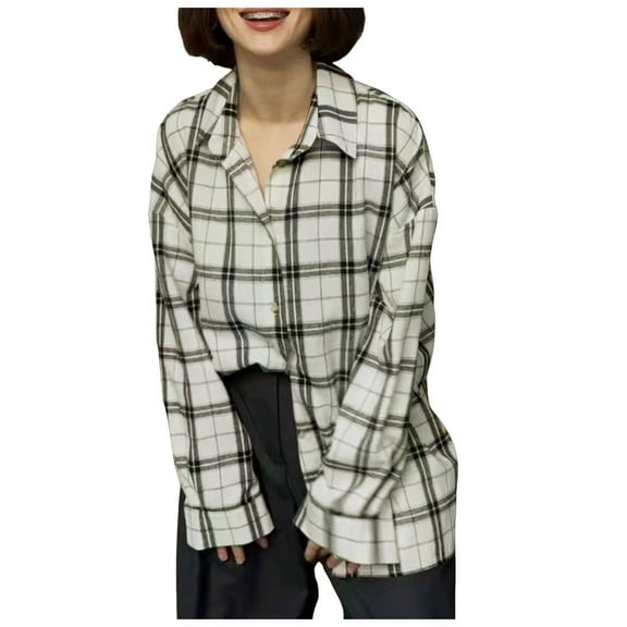 Hessimy Flannel Shirts for Women Oversized Plaid Soft Flannel Button Down Shirt Blouses(White,L)