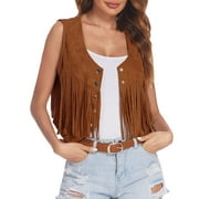 Hessimy Fringe Vest Women Suede Open-Front Vintage Vest Sleeveless 70s Hippie Clothes Boho Western Jacket