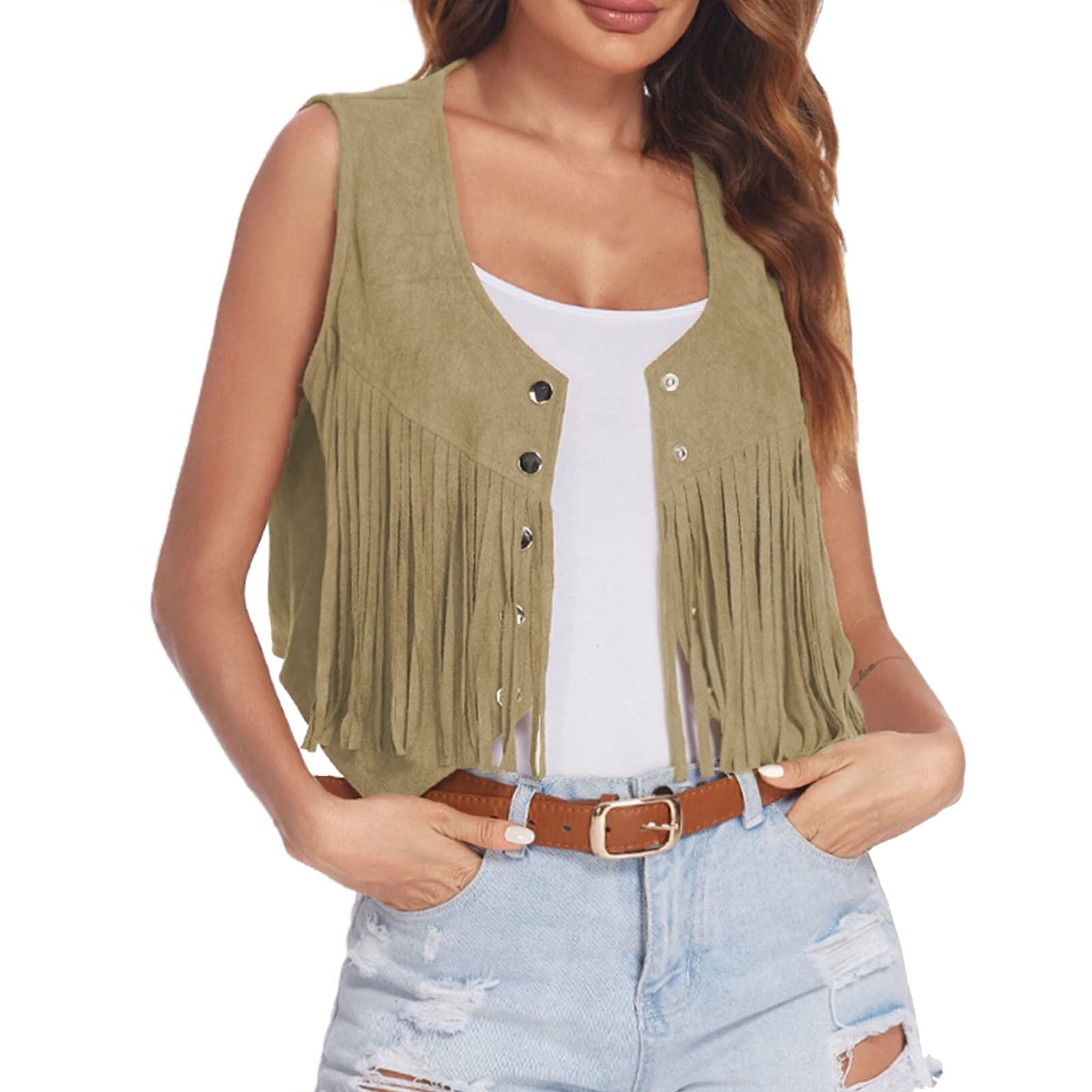 Women's Cowboy Vest - Fringe Faux Suede Western Sleeveless Vest For Hippie & 70s Style