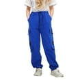 thumbnail image 1 of Hessimy Girl Girls Casual Cargo Pants Solid Color Mid-Rise Drawstring Relax-Fit Trousers Streetwear(Blue,8-9 Y), 1 of 9