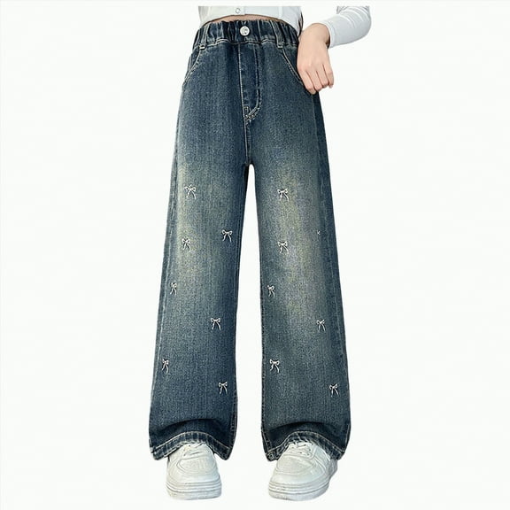 Hessimy Girl'S Cargo Pants Children'S Fashion Pants Spring Autumn Wide-Leg Whiskered Streetwear Loose Elastic Waist Jeans Casual Big Children'S Pants Outdoor Pants (Blue,6-7 Years)