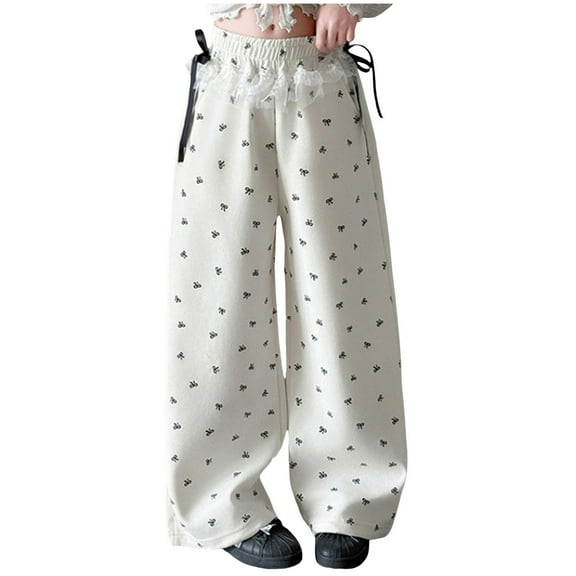 Hessimy Girl'S Flare Jegging Jeans Cargo Pants Big Kids Girls Painted Jeans Girls Fashionable And Comfortable Wide Leg Pants bow bootcut (White,6-7 Years)