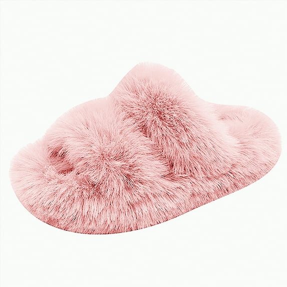 Hessimy Girl'S Fuzzy Fluffy Slippers Open Toe Cross Band Soft Plush House Slippers Kids Slippers Cow Slippers Toddler Slippers Girl Warm Cool Indoor Shoes For Winter (Pink,26)