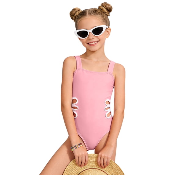 Hessimy Girl Swimsuit One Piece Bathing Suit Swimwear(Pink,8-9 Years)