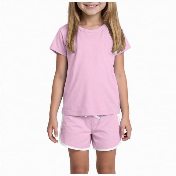Hessimy Girls 2 Piece Outfits Summer Clothes Short Sleeve Tops and Shorts Set Cute Outfits,Cute Style(Pink,5-6 Years)